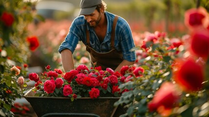 Young handsome man Gardener rolls roses in pots in a wheelbarrow