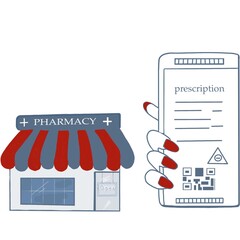 Online pharmacy. Female hand holding phone. Illustration concept.