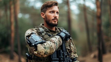 Young handsome military man with bionic prosthetic arm - obrazy, fototapety, plakaty