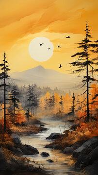 Painting of a stream flowing in a mountain valley through an autumn forest. Minimalism, poster art.