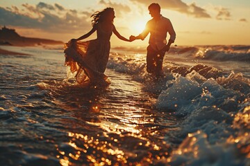 The carefree spirit of a young dancing couple, spinning and twirling on a sandy beach as waves gently kiss the shore.