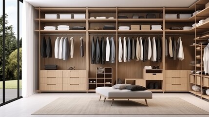 A 3d illustration of a minimalist scandinavian wood walk-in closet that features a wardrobe.