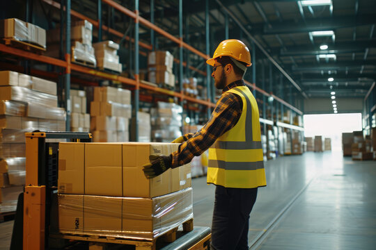 Worker transporting a pallet of boxes and wearing vest and safety clothes in a modern warehouse.