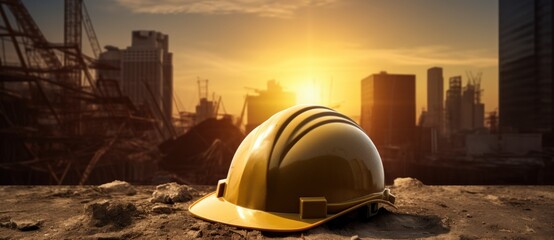 Fototapeta na wymiar Yellow hard hat on a blurred city background with a copy space on city with sunlight. Generative AI