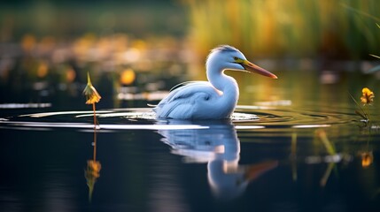 A bird is enjoying a swim in the lake - obrazy, fototapety, plakaty