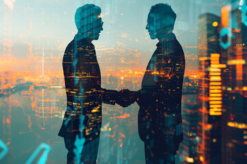 Business deal concept, double exposure of a city and two businessmen shaking hands - obrazy, fototapety, plakaty