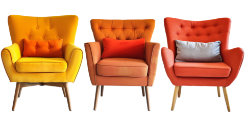 Collection set of retro mid-century armchairs cutouts single seat sofas isolated on transparent background.