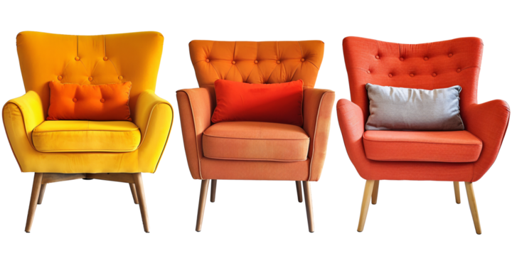 Collection set of retro mid-century armchairs cutouts single seat sofas isolated on transparent background.