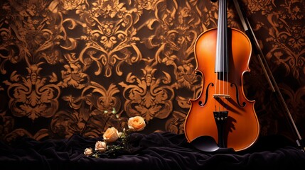 A classically elegant violin set against an abstract ornate background.