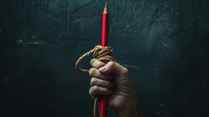 Hand with red pencil tied with rope, depicting the idea of freedom of the press or freedom of expression on dark background in low key
