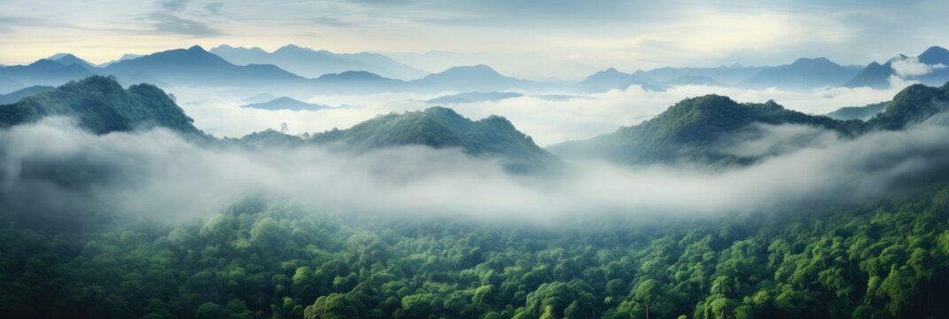 Beautiful scenery of lush green rain forest landscape and mountains. Banner photography