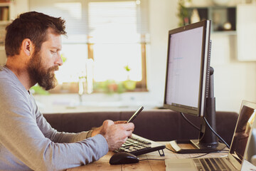 Successful businessman owner of company waiting for phone call from financial manager reporting...