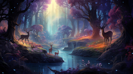 Mystic Woodland with Majestic Stags and Ethereal Glow