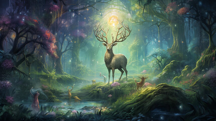 Enchanted Forest with Mystical Deer and Glowing Tree