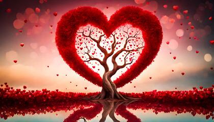 Love tree red heart shaped tree, heart red valentine tree meadow sky isolated, valentines day concept with red hearts,  red tree with shape of heart in filed, Valentine tree, love, leaf from hearts