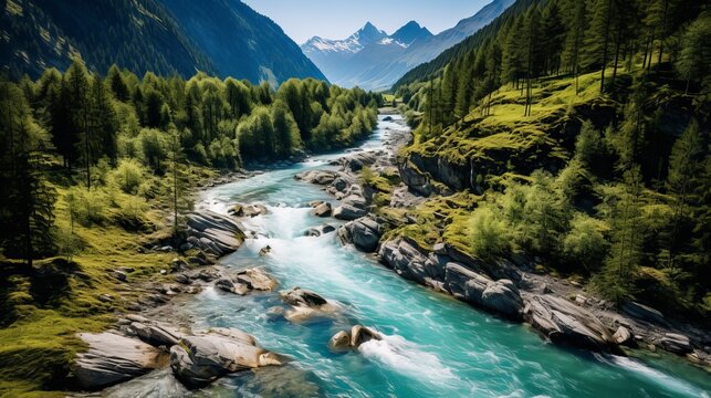 A high-angle photo of a stunning turquoise river juxtaposed with hills in longrin, switzerland.