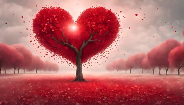 Love tree red heart shaped tree, heart red valentine tree meadow sky isolated, valentines day concept with red hearts,  red tree with shape of heart in filed, Valentine tree, love, leaf from hearts
