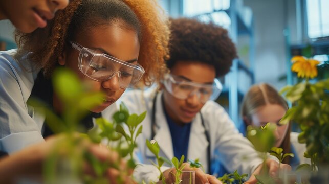 Multiethnic students analyzing plant experiment in school lab. Group of high school students in science laboratory understanding the study of roots.
