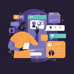 Fototapeta premium 2d vector illustration colorful social media boost , influence blogger E-marketer via Internet pages marketing referral