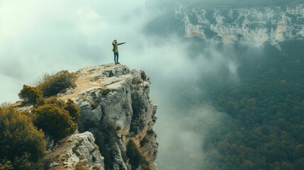 Obraz na płótnie Canvas On the edge of a rocky cliff a man raises his hands to heaven as a sign of freedom or victory and in the background a fantastic landscape.