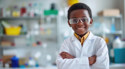 Portrait of African student in lab coat uniform arm crossed wearing safety eyeglass in laboratory, - obrazy, fototapety, plakaty