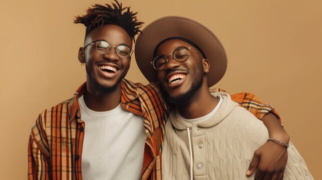Portrait Of Two Happy Black Guys Embracing While Posing Over Beige Background