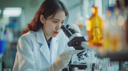 Researcher asian woman wear lab cost work mixing test tube specialist sample chemist equipment with microscope at laboratory. Student young girl examining biotechnology health medical.