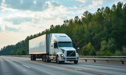 A white cargo truck on the road in a tree landscape