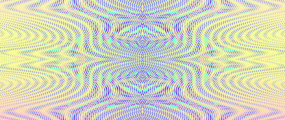 Surrealistic rainbow colored background with symmetric linear moire ornament in soft multi color halftones. Psychedelic abstract pattern from ornamental symmetric wavy lines with moire effect