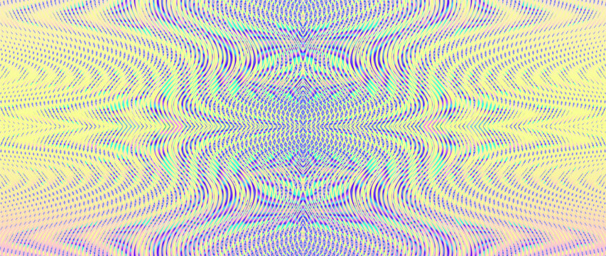 Surrealistic rainbow colored background with symmetric linear moire ornament in soft multi color halftones. Psychedelic abstract pattern from ornamental symmetric wavy lines with moire effect