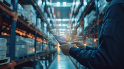Smart Logistics Global Business and Warehouse Technology Management System Concept, Businessman using tablet control delivery network distribution import expor