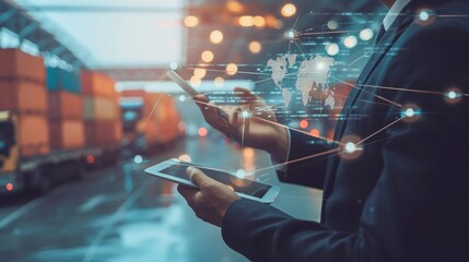Smart Logistics Global Business and Warehouse Technology Management System Concept, Businessman using tablet control delivery network distribution import expor