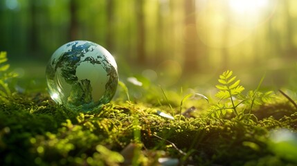 World globe with nature green leaf. Natural fresh plants using as earth ozone day background cover page or world environment day ecology wallpaper