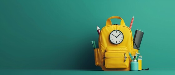 Yellow backpack with alarm clock and school equipment. Back to school concept on green background 3D Rendering, 3D Illustration - obrazy, fototapety, plakaty