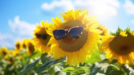 Keuken spatwand met foto sunflowers in the field , sunflowers wearing sunglasses in summer © buraratn