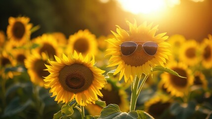 sunflowers in the field , sunflowers wearing sunglasses in summer