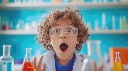 Surprised Kid over science experiment result or chemical reaction at chemistry laboratory - concept of childhood excitement,