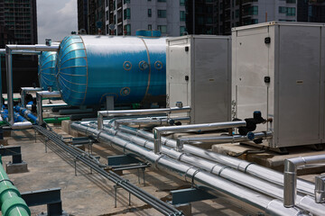 High building Piping system for water supply and air conditioning system on rooftop, Mechanical...