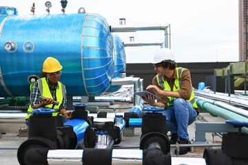Diversity engineers wearing reflect green  safety vests and helmet  working to checking Industry cooling systems, and HVAC of large industrial building 