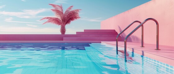 Fototapeta na wymiar Turquoise blue modern pool with polished metal ladders and pink concrete decking 3D Rendering, 3D Illustration