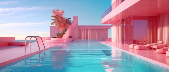 Fototapeta na wymiar Turquoise blue modern pool with polished metal ladders and pink concrete decking 3D Rendering, 3D Illustration