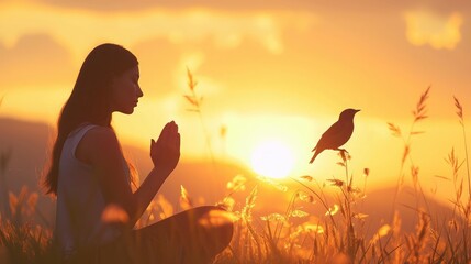 Woman praying and free bird enjoying nature on sunset background, hope concept