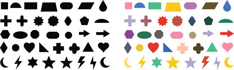 Obraz premium Basic geometric shapes kids, black and colorful cute flat icons set, cartoon characters isolated on transparent background. Education and children game. Geometric primitives vector collection.