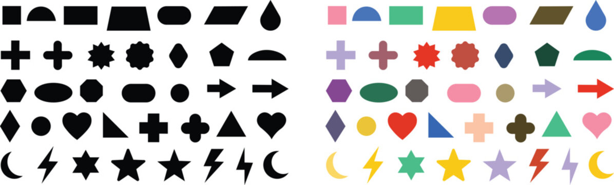 Basic geometric shapes kids, black and colorful cute flat icons set, cartoon characters isolated on transparent background. Education and children game. Geometric primitives vector collection.