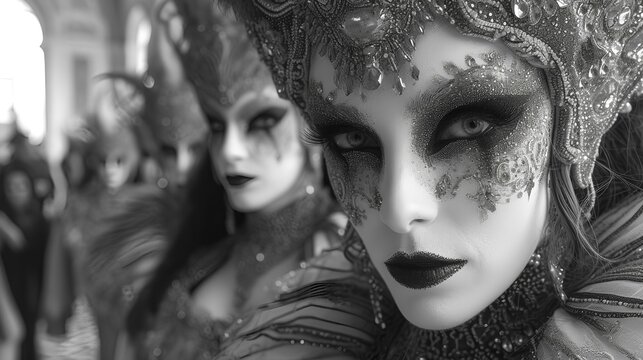 Females having fun at Mardi Gras style festival - sunglasses - beads - costume - black and white