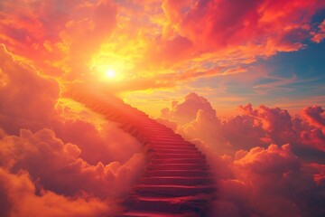 Stairway to Heaven.Stairs in sky. Concept with sun and clouds. Religion background. Red heart shaped sky at sunset. Love background with copy space
