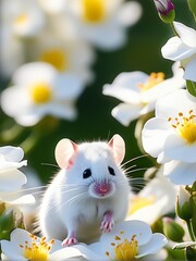 Little mouse wild flower background, animal pet close-up portrait