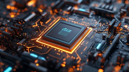 closeup of an advanced GPU ram microchip or cpu of a powerful computer board for artificial intelligence technology as wide banner design with copy space area futuristic background mockup