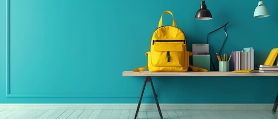 School desk with school accessory and yellow backpack on blue background 3D Rendering, 3D Illustration - obrazy, fototapety, plakaty