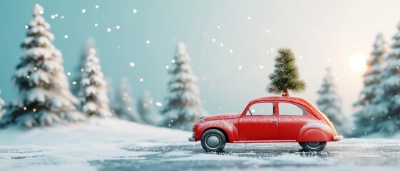 Red old car toy with Christmas decorative pine tree on the roof. Christmas is coming concept on light blue background with copy space. 3D Rendering, 3D Illustration